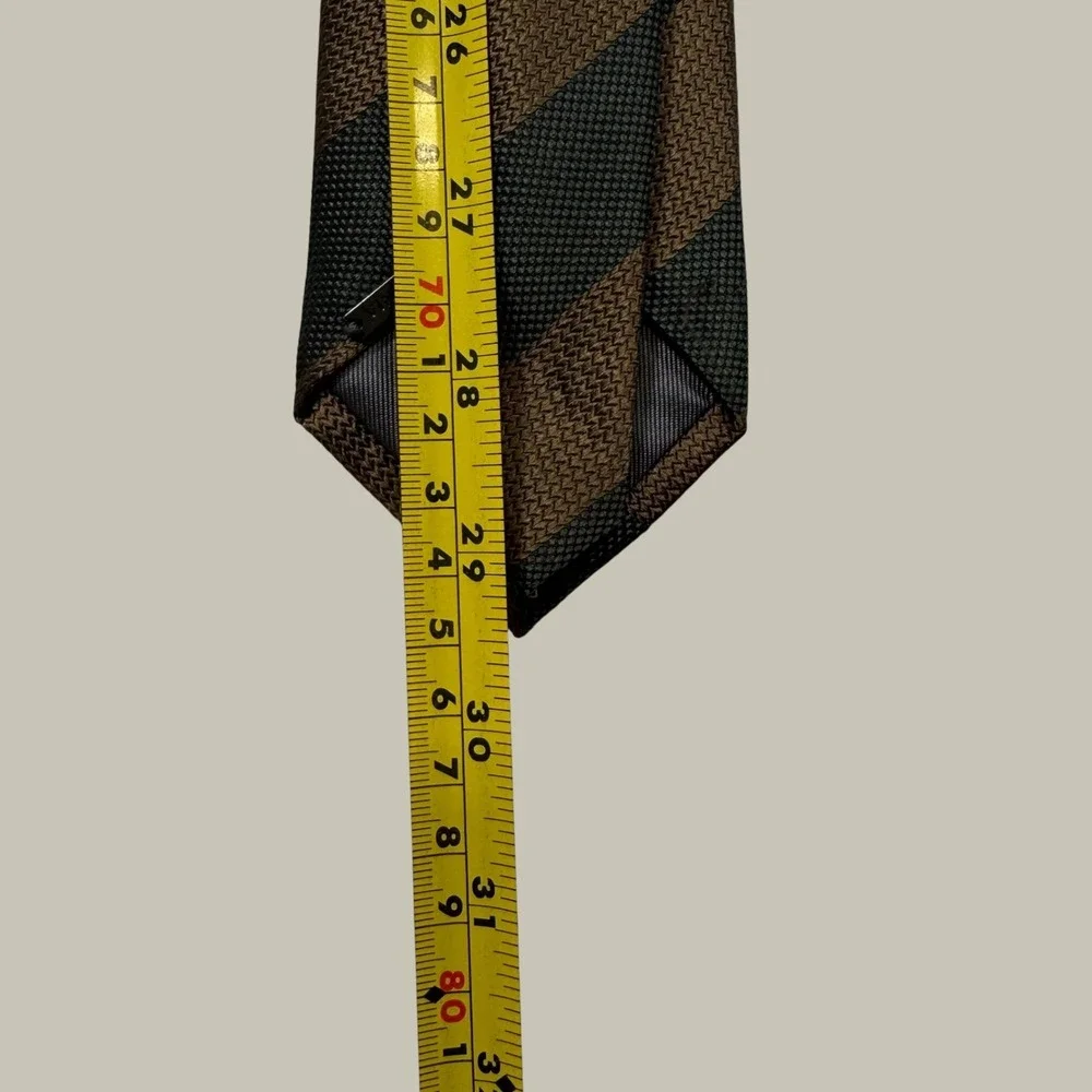 Vince Camuto Mens Silk Necktie Brown Green Diagonal Striped Textured Handmade